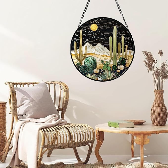 Stained Glass Window Hanging, Black and White Golden Cactus Nature Suncatcher for Doors Window Home Starry Sky Sun Catchers Decor Mother's Day Birthday Gifts for Women, Men Mom 15 in