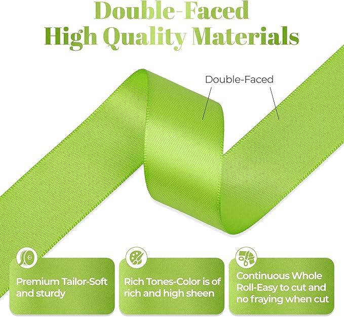 Apple Green Satin Ribbon, Double Faced 1 Inch X 50 Yards Apple Green Ribbon, Premium Satin Ribbon for Gift Wrapping, Crafts, Hair Bow Making, Sewing, Flower Bouquet, Wedding Party Decor