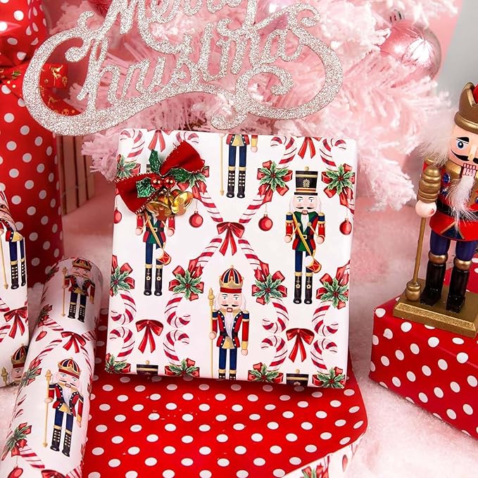 MAYPLUSS Christmas Nutcracker Wrapping Paper - 17 Inch X 33 Feet - Metallic Gift Wrapping Paper featuring Christmas Tree Holly Cute Bow Candy Cane Reversible Polka Dot for Holiday Party New Year Kids
