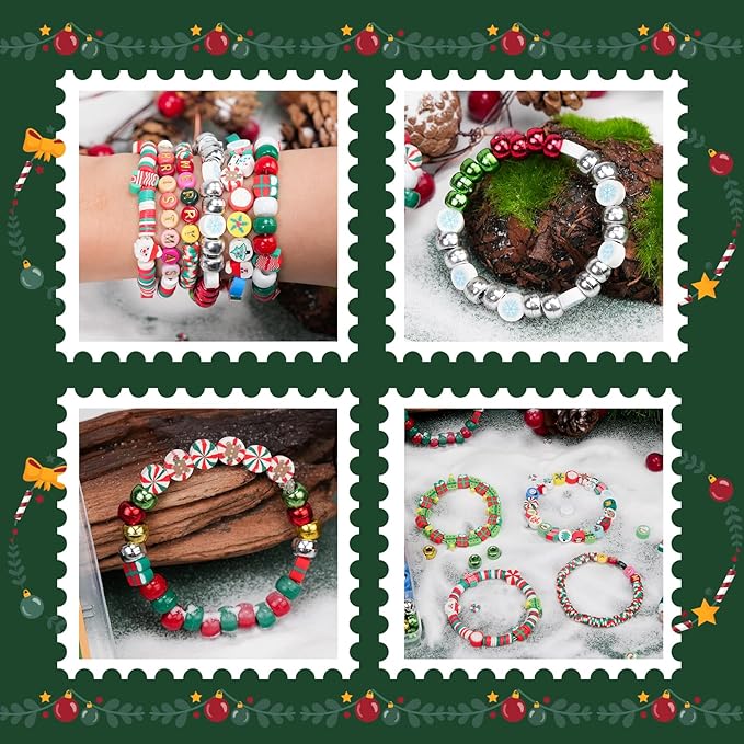 Gionlion Christmas Beads Bracelet Making Kit, 800 Pcs Polymer Clay Beads Jewelry Kit for Girls, Holiday DIY Craft with Christmas Crafts Charms, Perfect Stocking Stuffer for Kids