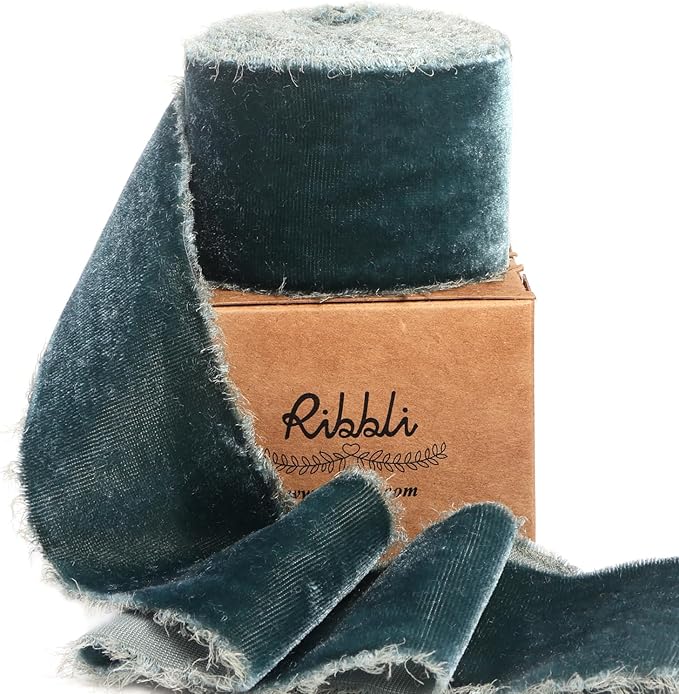 Ribbli Dusty Green Velvet Ribbon 2 Inch Handmade Frayed Vintage Steel Blue Christmas Ribbon for Gift Wrapping Christmas Tree Ornament Wreath Craft Home Decor -3 Yards