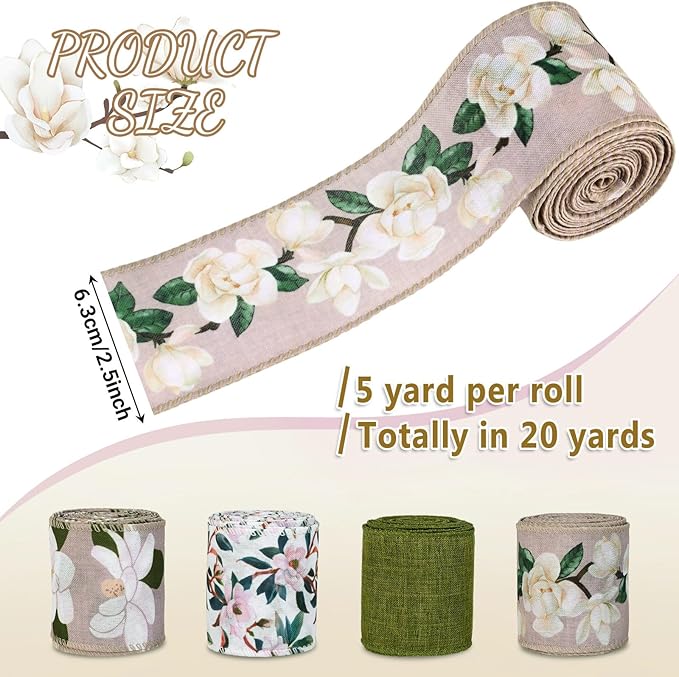 4 Rolls 20 Yards Magnolia Flower Wired Edge Ribbon Spring Floral Patterned Ribbon for Gift Wrapping Wreath Bow Making Craft Supplies, 2.5 inch