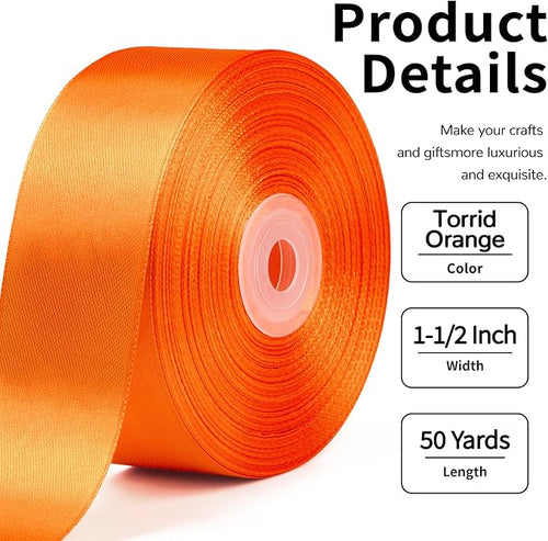 1-1/2 Inch Wide Torrid Orange Satin Ribbon, 50 Yards Solid Polyester Fabric Ribbon for Roses Making, Gift Wrapping, Christmas, Wedding Decorations, Crafts, Bows, Flower Bouquets