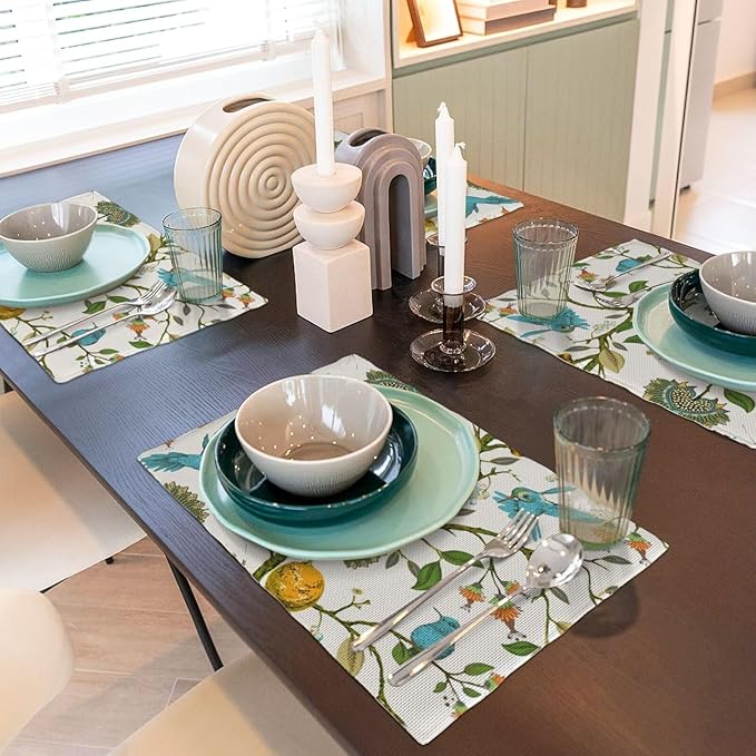 Lemon Linen Placemats Set of 4 Retro Plant Bird Print Placemats for Indoor Outdoor Party Home Desktop Kitchen Dining Room Decor 12x18 Inch