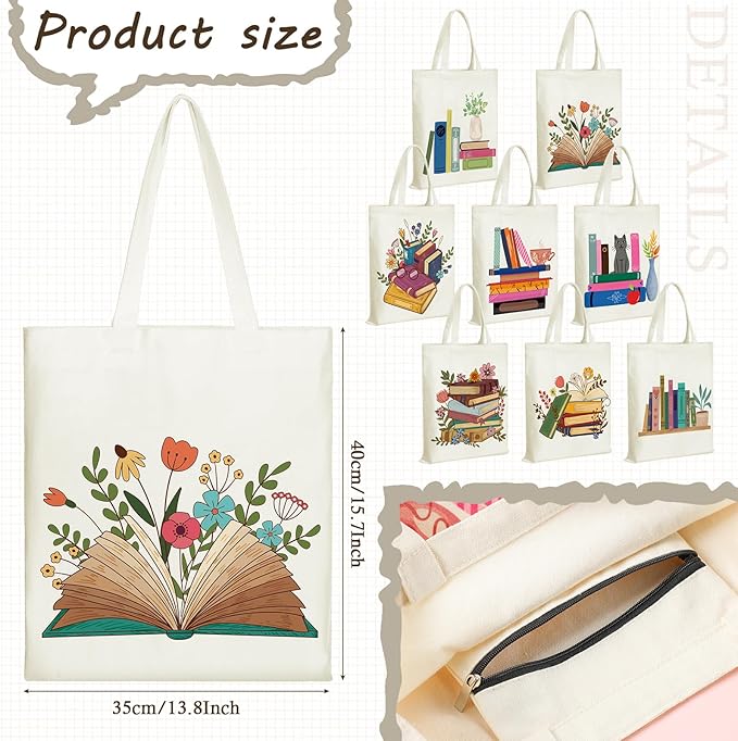 Sweetude 8 Pcs Christmas Book Lovers Club Gifts Bulk Canvas Tote Bags Bookish Librarian Reader Gift for Women Teacher Present(Book)