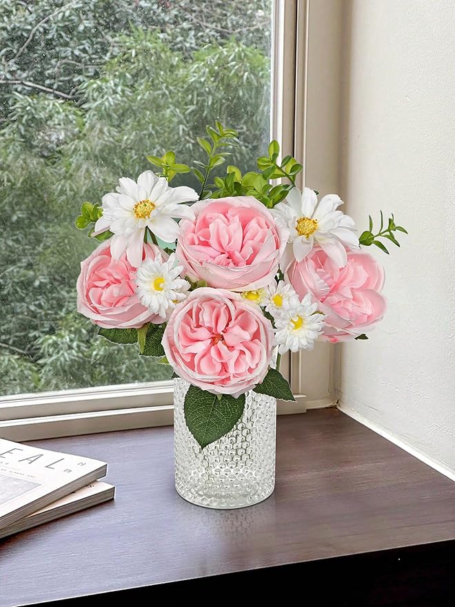 Peonies Artificial Flowers 22PCS Faux Pink Flowers Artificial Realistic Peony and Daisies Silk Flower Arrangements 14.5" Fake Flowers for Vase Centerpiece Wedding Party Home Decor DIY Bridal Bouquet