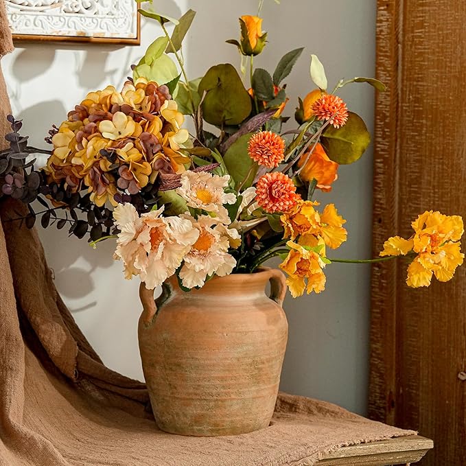 Sungmor Rustic Ceramic Flower Vase with Handles, Decorative Pottery Vase 7 Inch Terracotta Plant Pots, Cement Textured Vases Home Decor, Indoor Fresh Flowers Planter, Dried Flower Arrangements