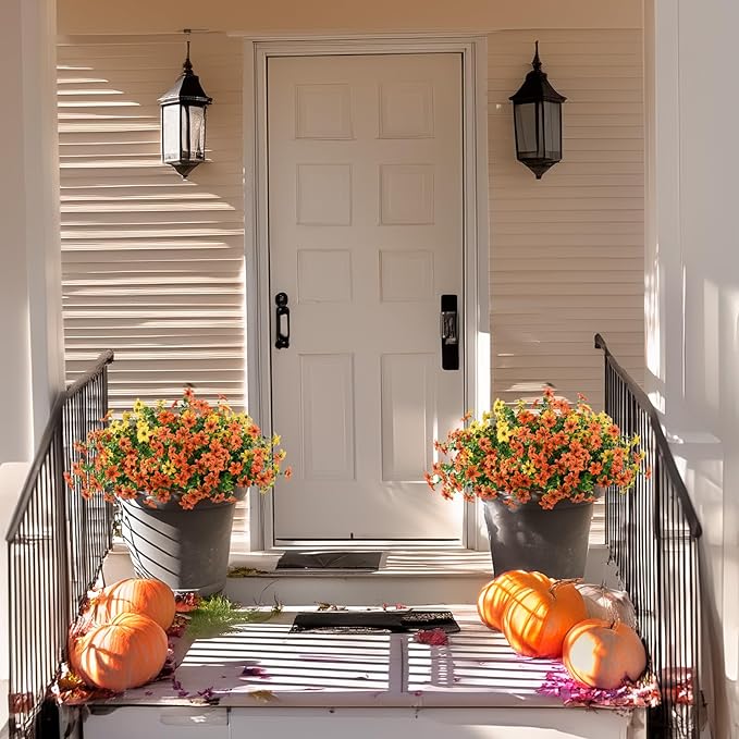 Artificial Mums Fake Fall Flowers for Outdoors Decoration, 12 Bundles Realistic Autumn Silk Daisy Faux Plants UV Resistant Decor for Home Garden Porch Patio Yard Balcony Window (Orange Yellow)