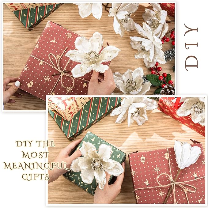 20 Pcs Christmas Glitter Poinsettia Magnolia Flowers Ornaments White Large Heads Artificial Magnolia Flowers for Christmas Tree Xmas Wreath Holiday Wedding Decor