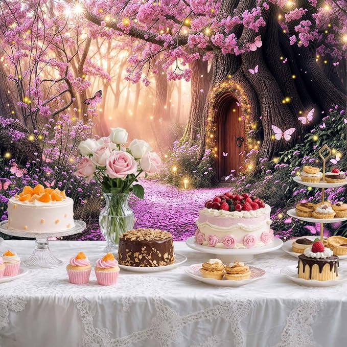 7X5ft Enchanted Forest Backdrop Fairy Tale Purple Garden Wonderland Tree House Floral Background for Kids Girl Baby Shower Birthday Party Decoration Banner Cake Table Photo Booth Props