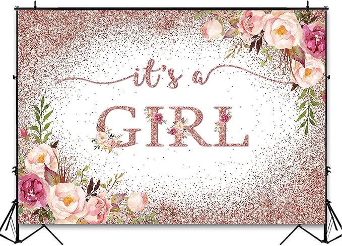 Avezano Rose Gold Baby Shower Backdrop for Girls Party Blush Pink Floral It's a Girl Baby Shower Photography Background Rose Gold Glitters Confetti Decoration Photoshoot Events Banner (8x6ft)