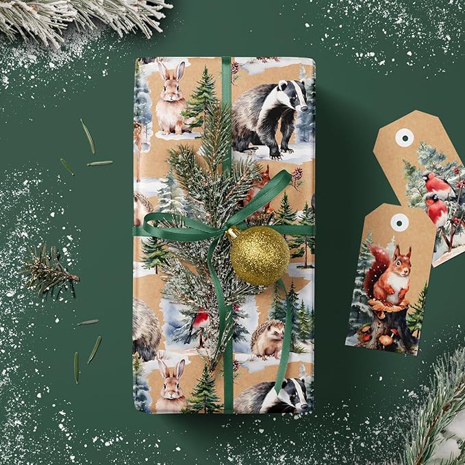WRAPAHOLIC 30 Inch Kraft Christmas Wrapping Paper - 30 Inch x 33 Feet - Wild Animals Winterfall Watercolor Design for Christmas, Holiday, Party Celebration