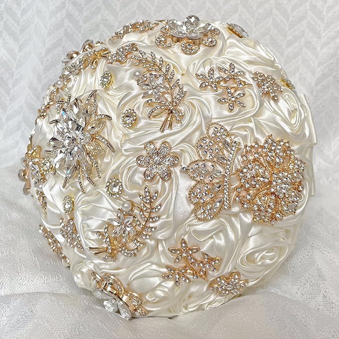 Handmade Satin Rose Floral Bling Pearl Decor Bridal Wedding Bouquet Rhinestone Pendant Artificial Brooch Flowers for Bride Bridesmaid Quinceanera