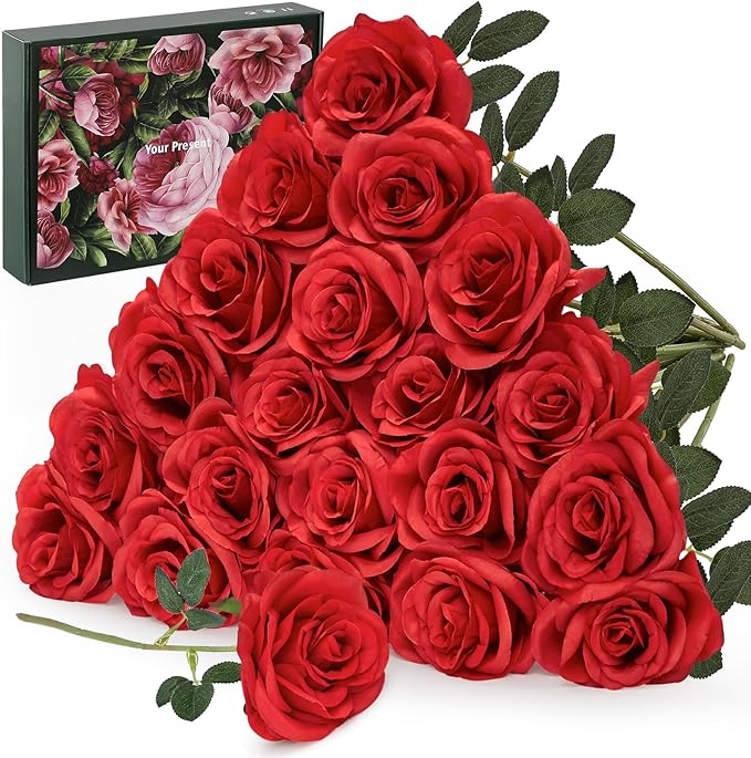 20PCS Artificial Red Roses, 3.9'' Silk Flower Head Fake Red Rose with Long Stems, Realistic Faux Roses Bouquet for DIY Wedding Home Party Office Decoration