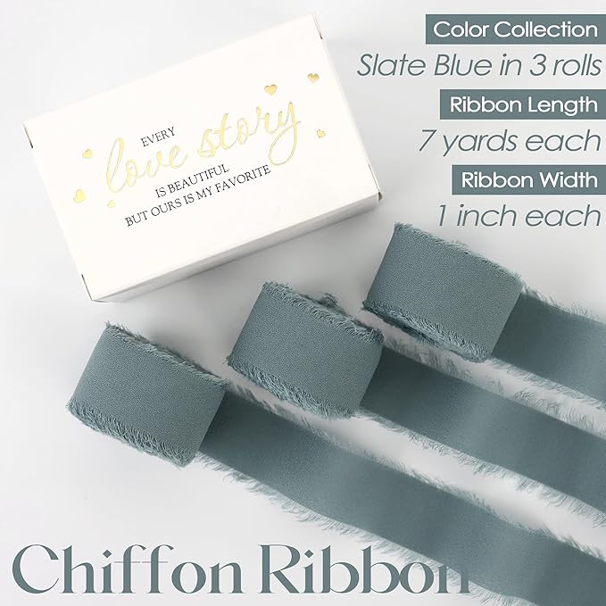 MEEDEE Slate Blue Chiffon Ribbon 1 Inch Fringe Ribbons Dusty Blue Chiffon Silk Frayed Edge Ribbon Thin Chiffon Ribbons for Crafts, Gift Wrapping, Wedding Invitation (3 Rolls 21 Yards)