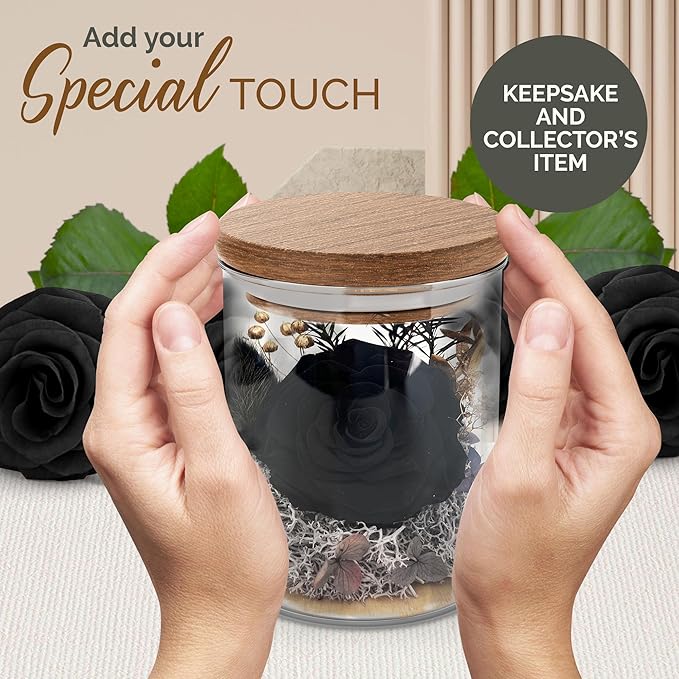 Black Rose Premium Eternal Roses - Real Preserved Rose in Glass Dome - Gothic Style Decor for Funeral Occasions