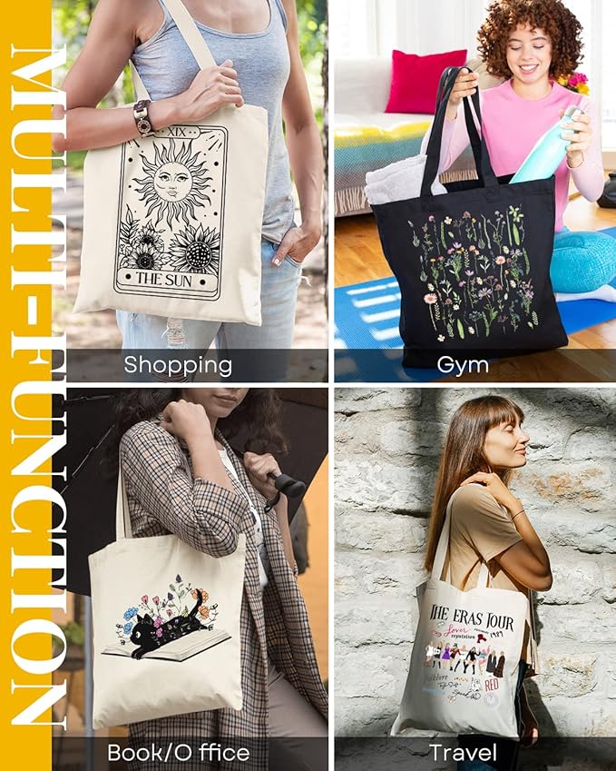 AUSVKAI Canvas Tote Bag Aesthetic for Women, Cute Sun Moon Cotton Totes Bag for Grocery Beach Shopping Gifts