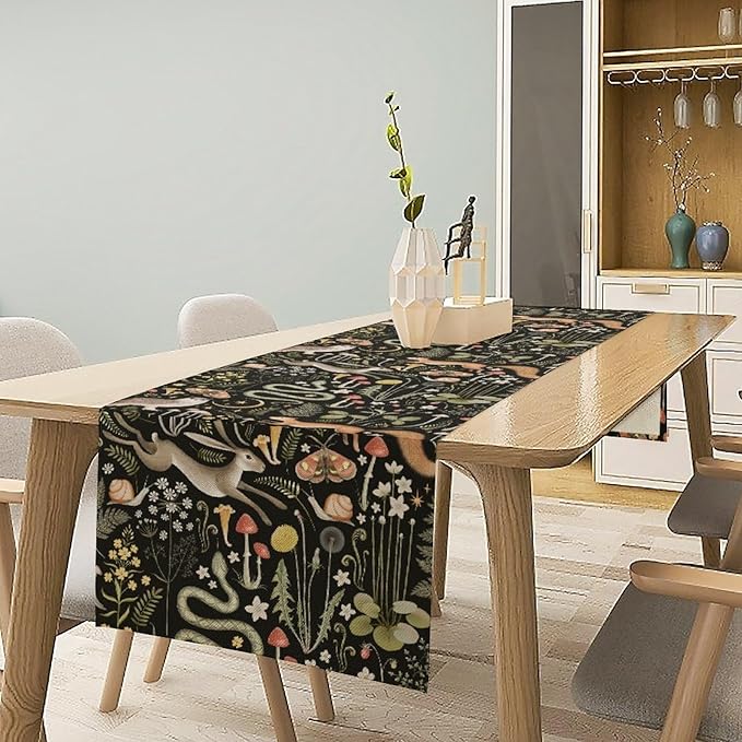 Farmhouse Forest Table Runner, Fairy Tale Woodland Wild Animals Moths Owl Snake Flowers Mushroom Kitchen Dining Table Runners for Indoor Outdoor Home Party Holiday Decor, 13x120inch