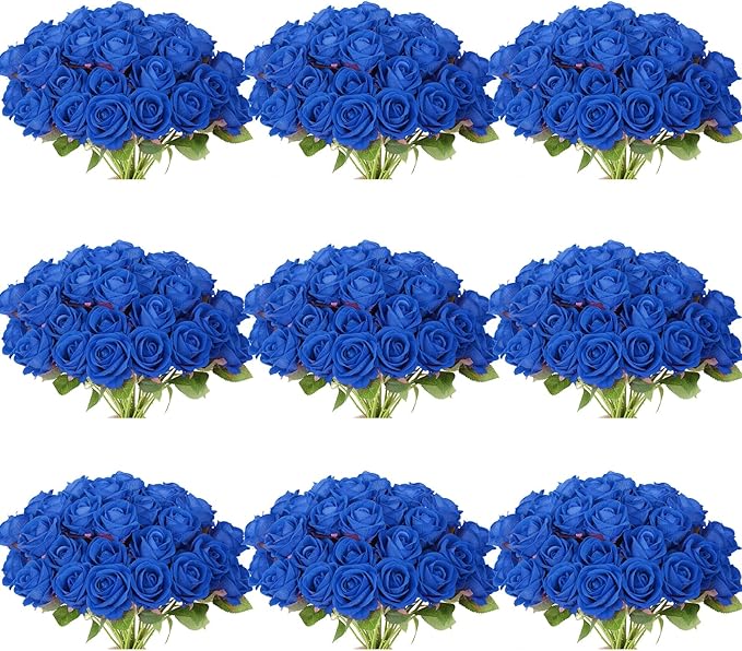 102 PCS Royal Blue Roses, Faux Blue Rose Bouquet, Silk Rose with Stems for Wedding Flowers Decoration, Valentines Day Mothers Day, Wedding Decoration