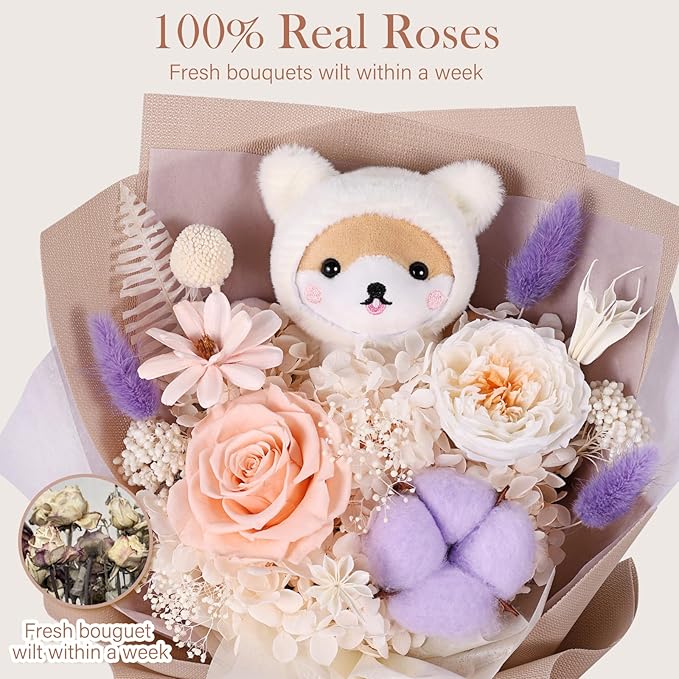 Forever Flowers Bouquet with Cute Doll - Preserved Flowers for Delivery, Real Eternal Roses Bouquet for Mothers, Mom, Girlfriend, Wife Anniversary Birthday Gifts for Women Men