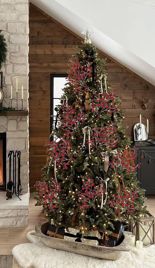 Hollyone 4 Pack Artificial Christmas Glitter Berries Stems, 19 Inch Fake Red Holly Berry Picks with Ice Snow for Christmas Tree Wreath Floral Arrangements Holiday Home Vase DIY Crafts Decor