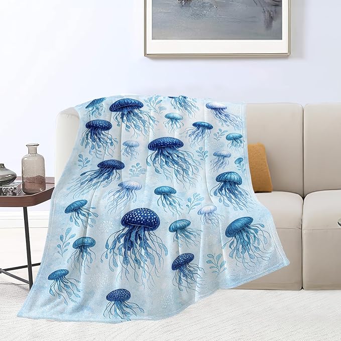 Jellyfish Blanket Marine Life Throw Blanket Blue Ocean Sea Soft Cozy Fleece Sealife Fuzzy Stuffed Plush Animal Flannel Gifts for Girls Women Boys Kids Adults 60"X80"