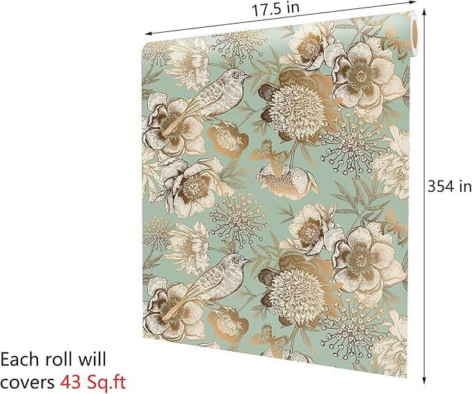 Decotalk Peel and Stick Floral Wallpaper Green Floral Flower Wallpaper Removable17.5x354 Inch Floral Wallpaper for Bedroom Bathroom Wall Green and Gold Vintage Floral Wallpaper Contact Paper Floral