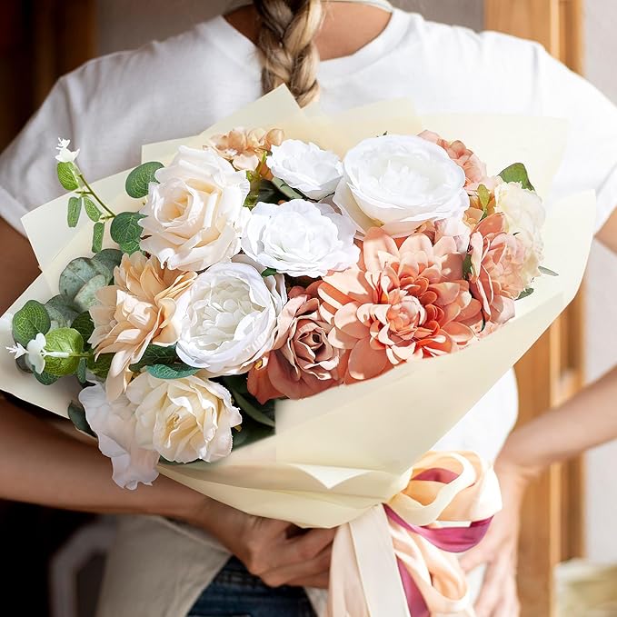 Artificial Flowers Combo Box, Fake Roses Dahlias Silk Flower with Wire Stem, DIY Wedding Bridal Bouquet Baby Shower Party Arrangement Home Décor (Light Orange)