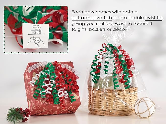 HUIHUANG Christmas Bows for Gift Wrapping Red/White/Green Curly Bows with Self Adhesive & Twist Tie, 7 inch X-mas Ribbon Bow for Presents, Gift Basket, Fall Decor, Party Favors- 6 Counts