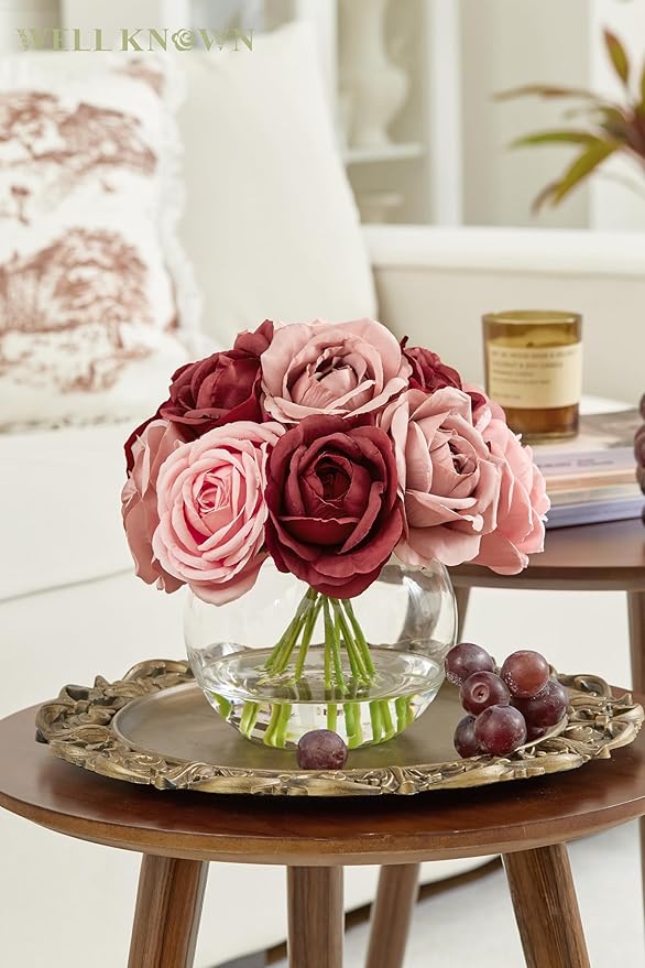 WELL KNOWN Silk Rose Artificial Flowers with Vase Artificial Rose Flower Arrangements in Round Bowl Vase with Faux Water for Home Table Decoration (Burgundy & Dusty Rose)