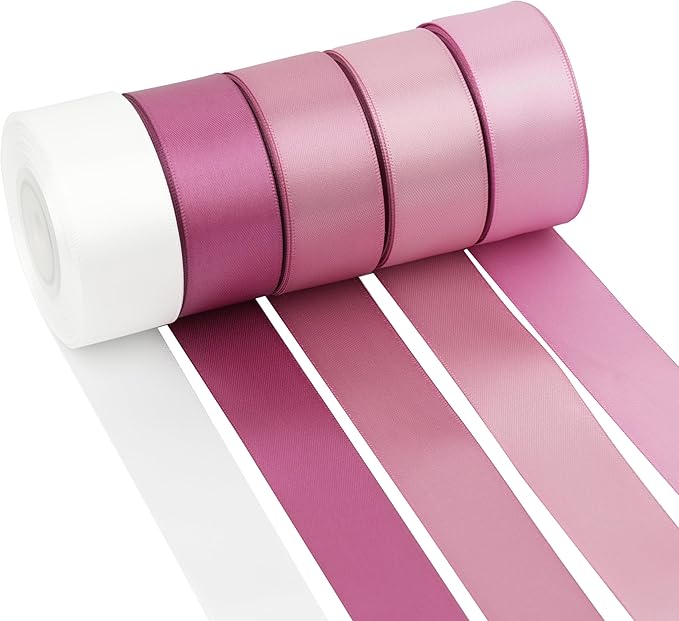 Rose Pink Satin Ribbon Assortment - 5 Rolls, 50 Yards for Wedding, Baby Shower, Gift Wrapping, Crafts & Flower Bouquets