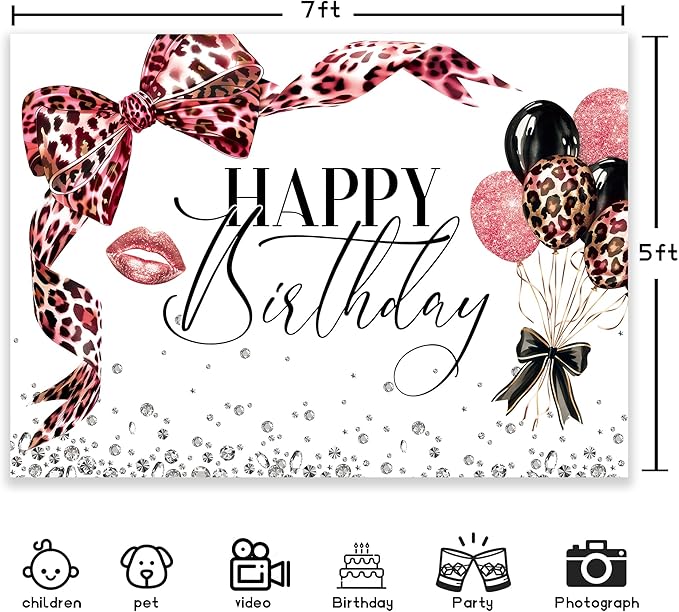 Pink Leoprad Bow Backdrop 7Wx5H Photography Happy Birthday Girls Lips Dimonds Black Brown Bowknot Balloons Background Fashion Elegant Bday Party Decorations Banner Photo Booth Props Supplies