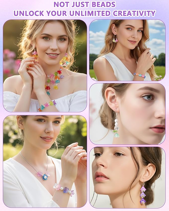 FIVEIZERO 300PCS Acrylic Cherry Blossom Flower Beads, 8 Colors Sakura Floral Bead Caps Charms for Bracelets, Necklaces & DIY Jewelry Making