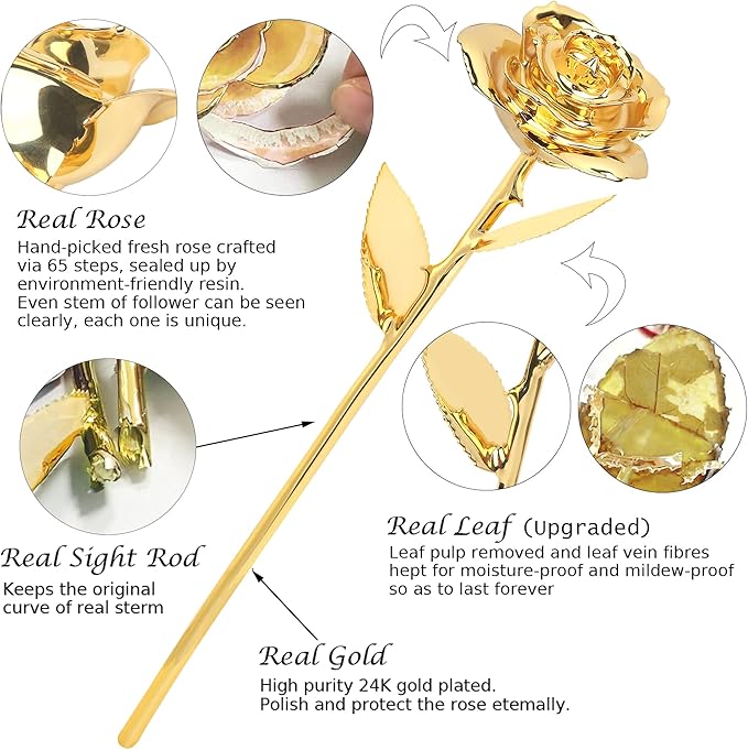 Sinvitron Gold Dipped Rose Real 24K Gold Rose, Hand Dipped One of a Kind Golden Roses, Romantic Gifts for Women on Birthday, Anniversary, Mother’s Day (Golden)