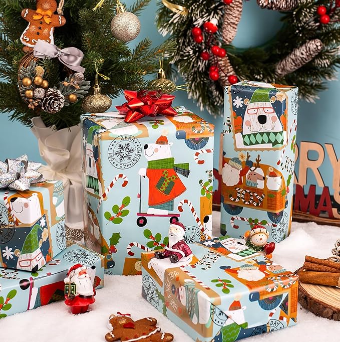 MAYPLUSS Christmas Metallic Foil Shine Gift Wrapping Paper - 17 Inch X 33 Feet - Cute Polar Bear on Scooter, Snowman, Candy Cane and Deer Pattern Gift Wrap Present Paper Roll for Winter, Holiday