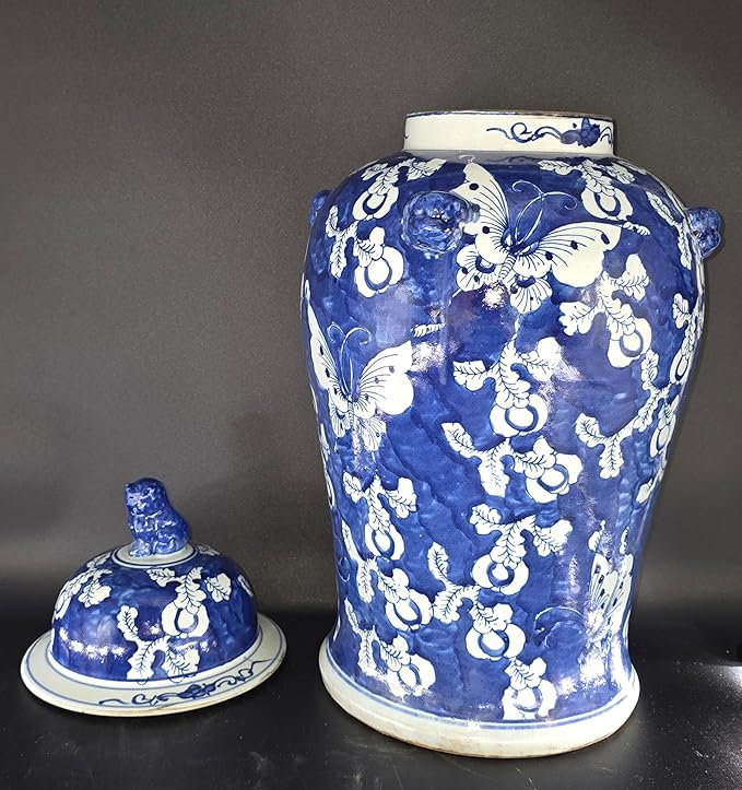 19" Antique Like Finish Blue and White Ginger Jars Porcelain Temple Ceramic Ginger Jar Vase, Blue Butterfly China Ming Style, Jingdezhen(L1)