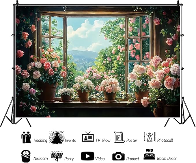 Baocicco 7x5ft Flowers Windowsill Photography Background Spring Floral Retro Oil Painting Photo Backdrop for Valentines Mothers Day Birthday Wedding Party Decorations Girls Women Portraits