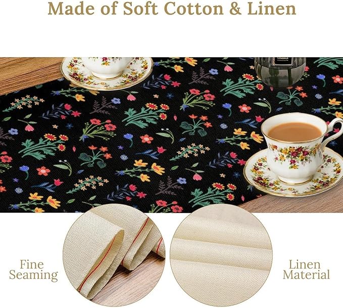 Retro Floral Table Runner, Colorful Bohemian Wildflower Flowers Blooms Vintage Table Runner for Kitchen Dining Party Home Decor, 13x120 Inch