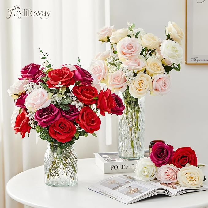 20PCS Artificial Red Roses, 3.9'' Silk Flower Head Fake Red Rose with Long Stems, Realistic Faux Roses Bouquet for DIY Wedding Home Party Office Decoration