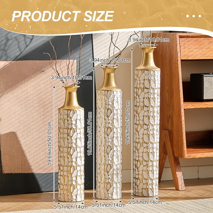 Floor Oversized Gold Metal Decorative Vase with 3D Triangle Pattern Set of 3 Large Vases for Home Living Room 33.5 ", 29.5 ", 25.2" High (Antique White)