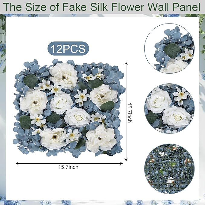 Pack of 12 Artificial Silk Flower Panels, Faux Floral Wall Background for Wedding Party Engagement Bridal Shower Arrangement Home Decorations - Dusty Blue & White