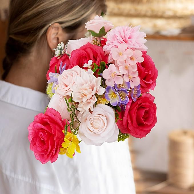 Artificial Flowers, Fake Flowers, 30Pcs Silk Flowers with Stem for DIY Flower Box Wedding Bouquet Centerpieces Shower Party Floral Arrangement Décor (Rosa Red)