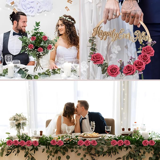 100PCS Burgundy Artificial Flowers Roses Real Looking Foam Fake Roses with Leaves for DIY Wedding Bouquets Bridal Shower Centerpieces Party Decorations (Burgundy, 100)