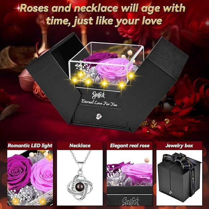 2 Preserved Rose Gift for Women - Eternal Rose with I Love You Necklace - Romantic Birthday Gifts for Girlfriend Mom Her Wife Grandma on Valentines Mothers Day Anniversary Christmas-Purple