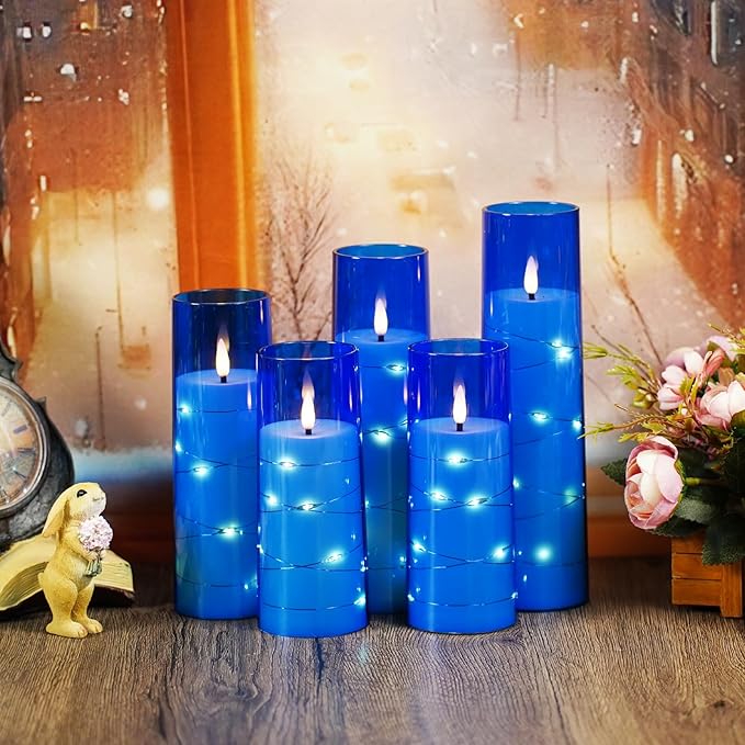 Flameless LED Candles with Timer 5 Pc Flickering Flameless Candles for Romantic Ambiance and Home Decoration Stable Acrylic Shell,with Embedded Star String，Battery Operated Candles（Blue）