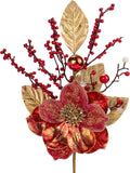Briful 2PCS Christmas Glitter Magnolia Flowers Picks and Spray with Christmas Balls Ornament Red Berries Gold Leaves Branches for Xmas Tree Wreath Vase Floral Arrangement (Red Gold)