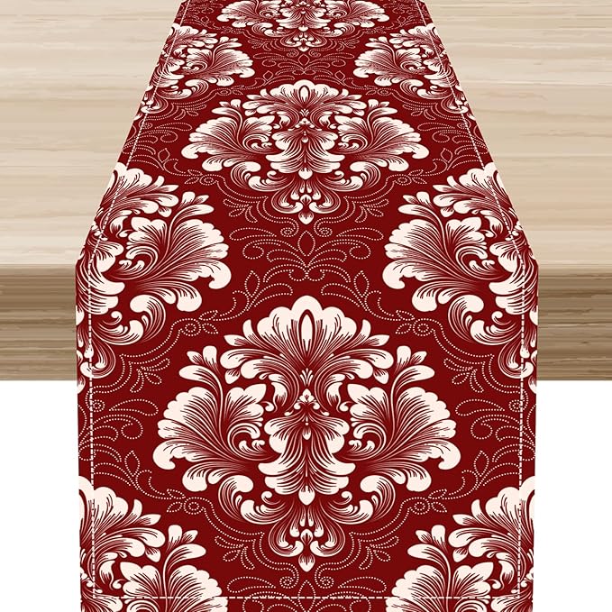 Vintage Damask Table Runner, Red Classical Luxury Old Fashioned Damask Royal Victorian Flora Print Table Center Decor for Family Kitchen Table Decorations Indoor Outdoor 13x72 inch