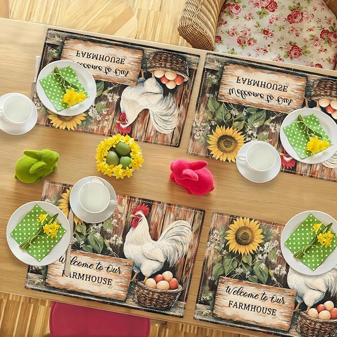 Farmhouse Rooster Placemats Set of 6, Rustic Chicken Place Mats, Country Sunflower Dining Table Mats, Washable Placemats for Kitchen Dining Room Home Decor 18L'' × 12W''