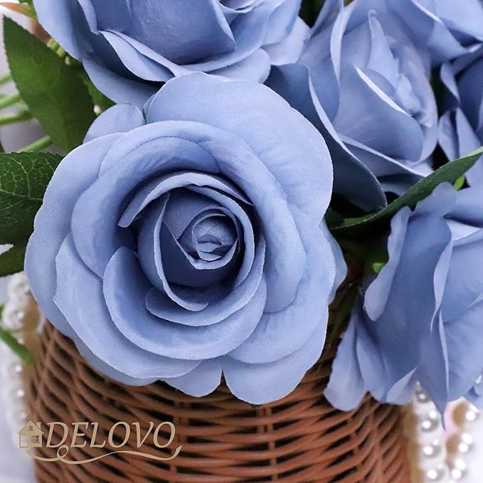 52pcs Dusty Blue Roses Artificial Flowers Fake Flowers Silk Roses with Stems for DIY Wedding Bouquets Bridal Shower Centerpieces Arrangements Party Decorations
