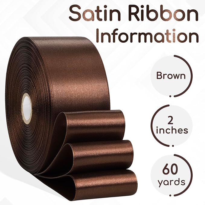 Brown Ribbon 2 Inch, 60 Yards Brown Satin Ribbon for Gift Wrapping, Crafts, Birthday Party, Flower Bouquet, Wedding, Easter, Christmas